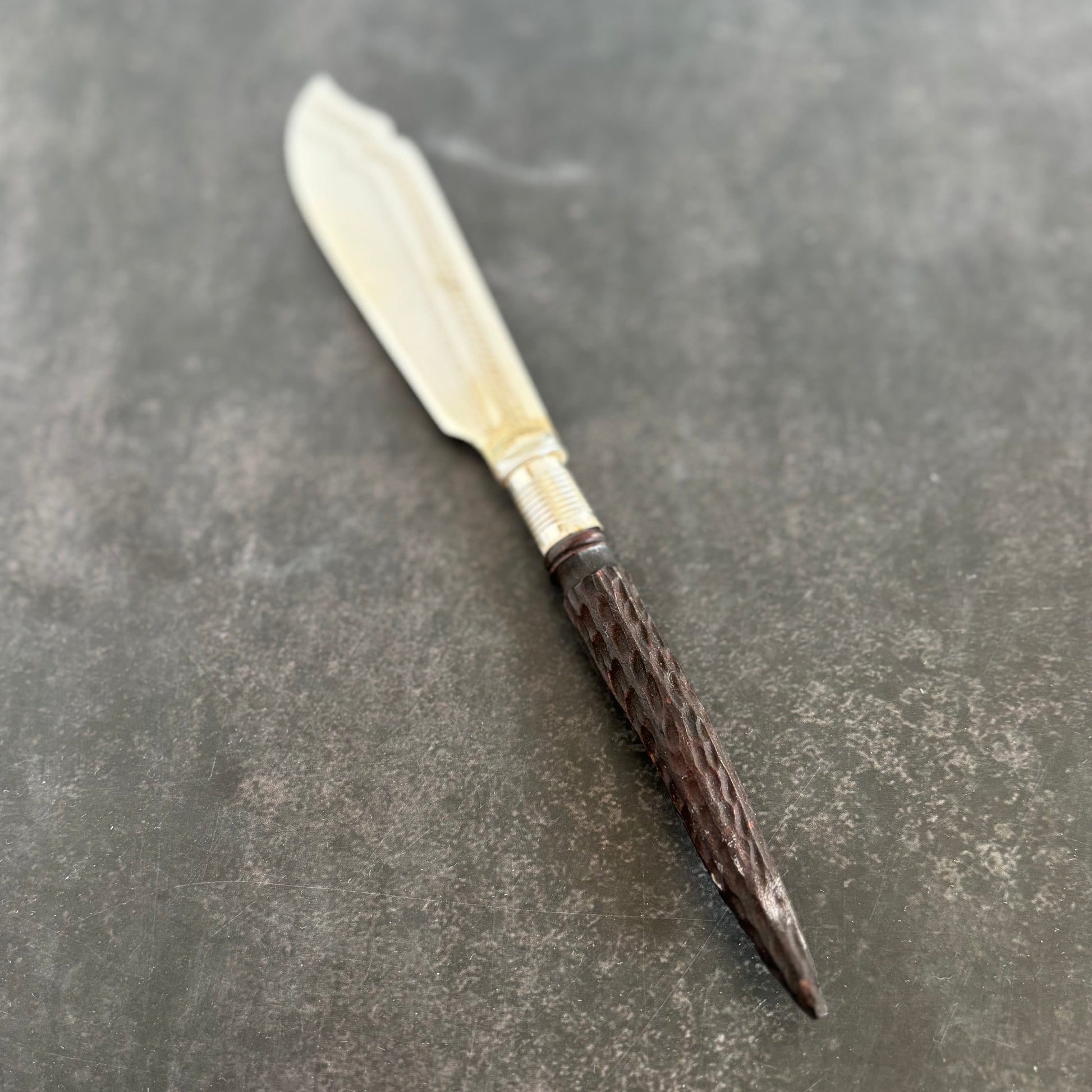 Antique Silver Butter Knife With Engraved Blade and Antler Handle