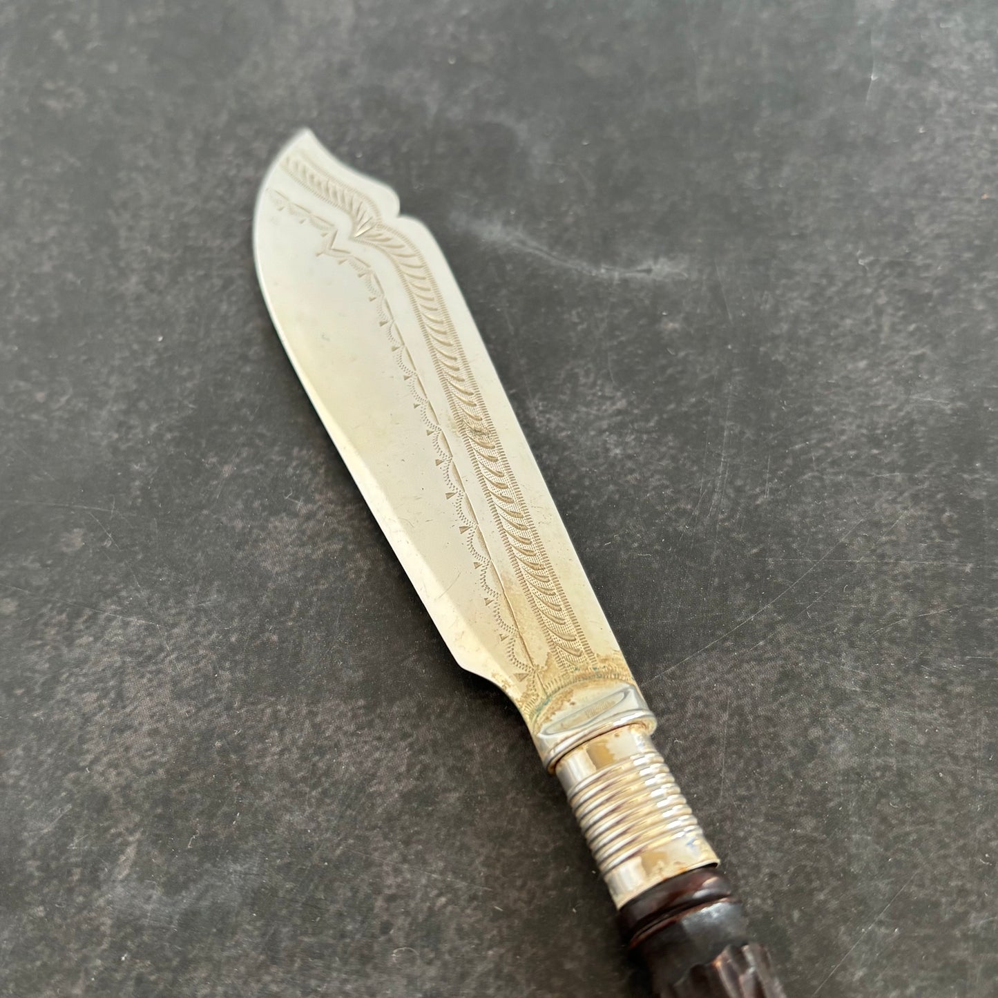 Antique Silver Butter Knife With Engraved Blade and Antler Handle