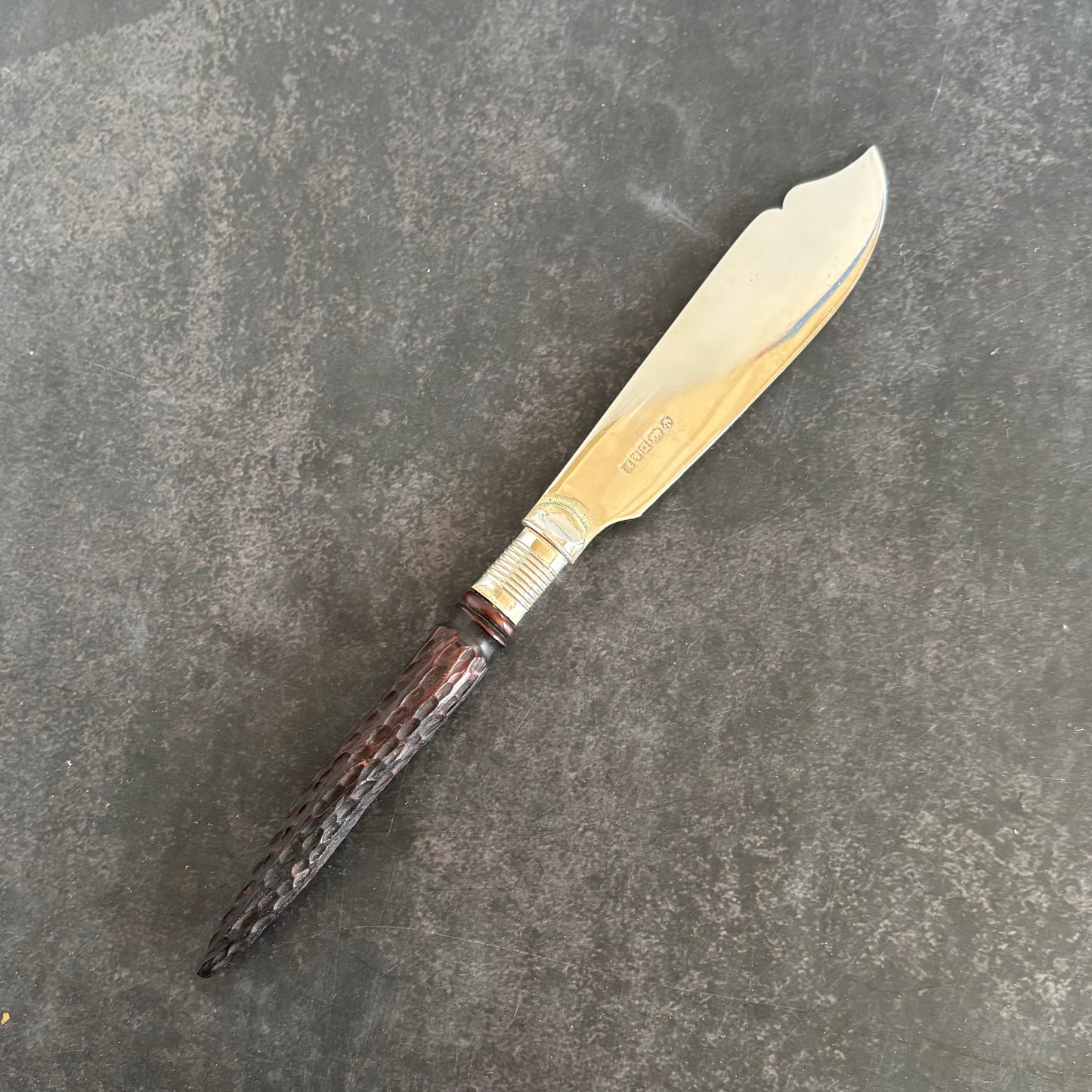 Antique Silver Butter Knife With Engraved Blade and Antler Handle