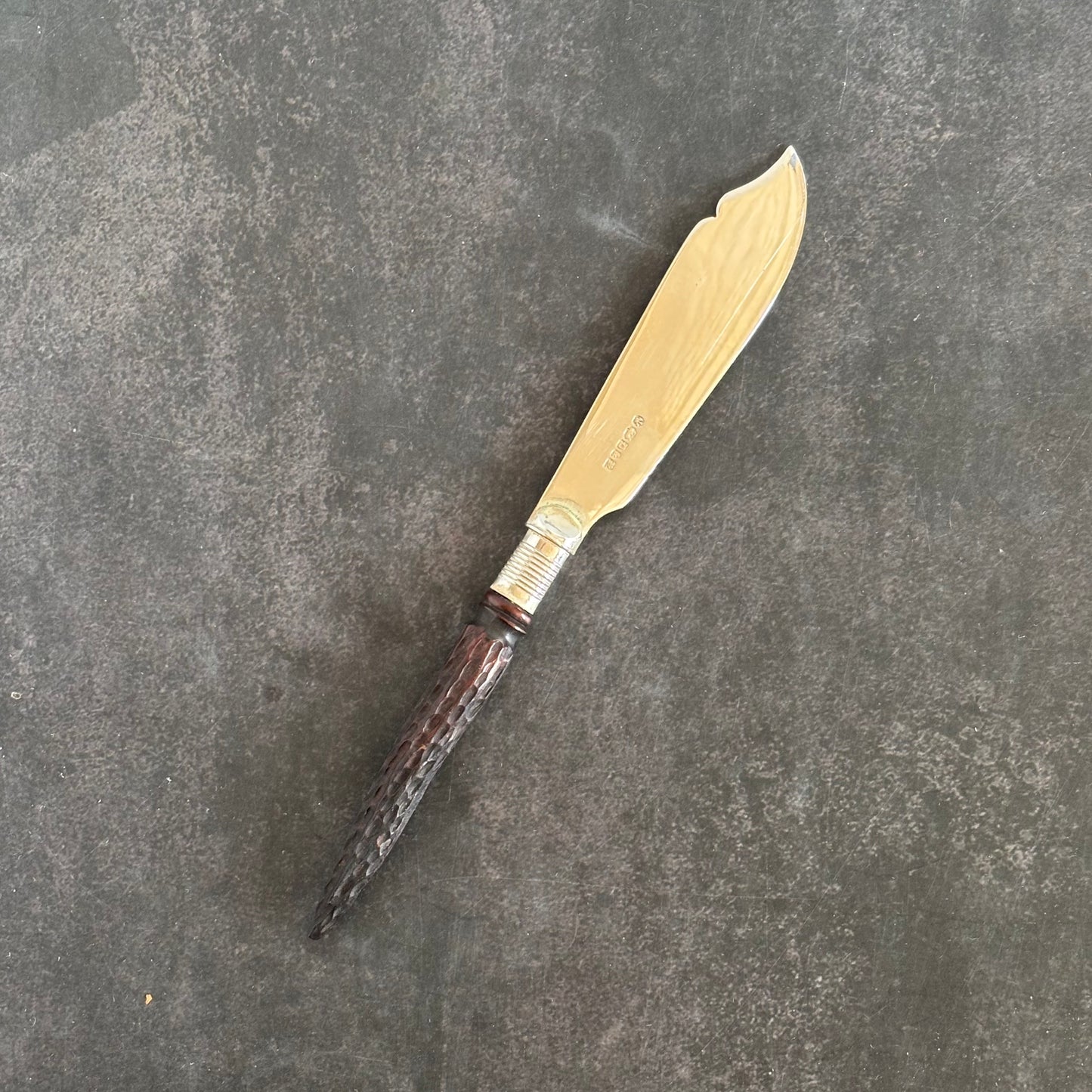 Antique Silver Butter Knife With Engraved Blade and Antler Handle