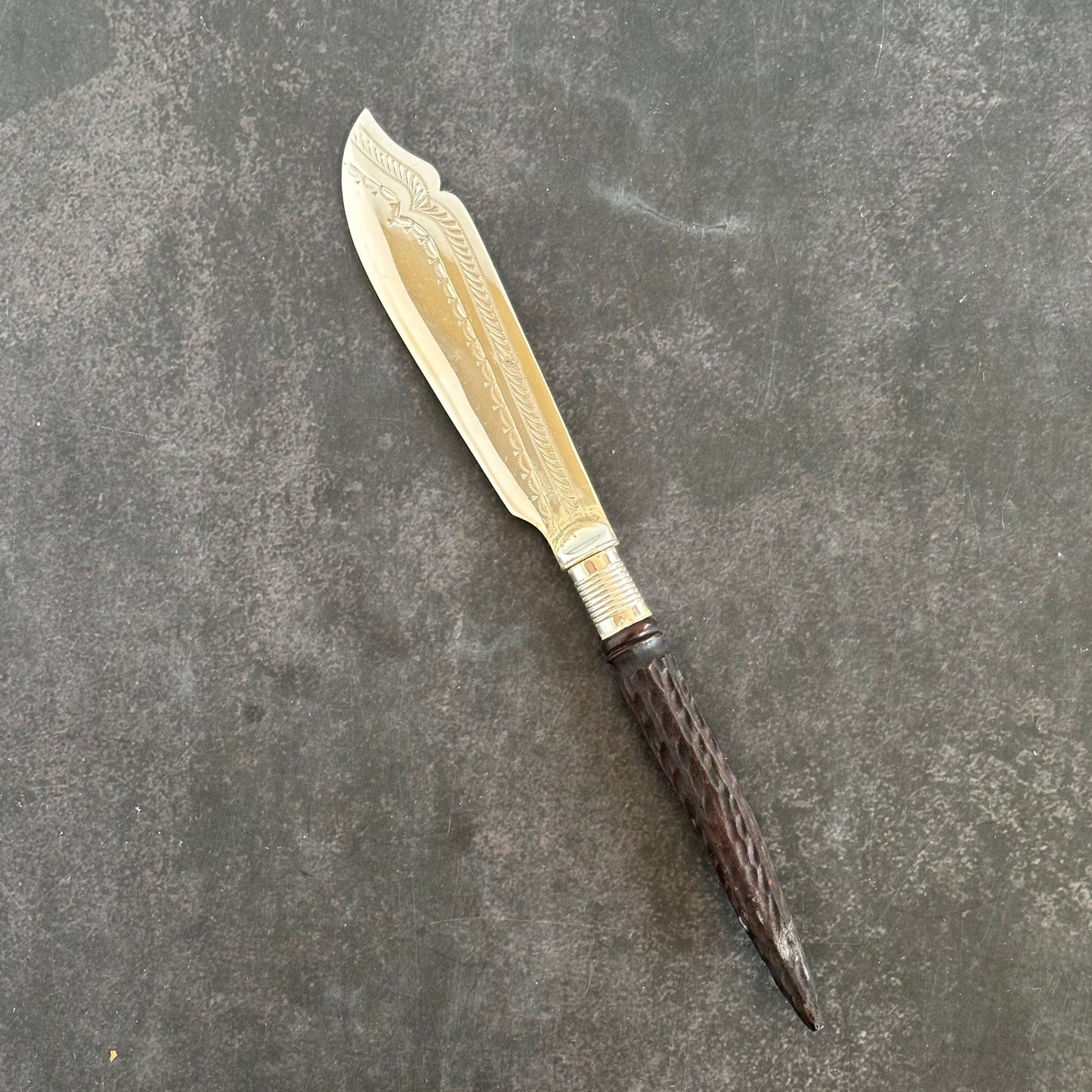 Antique Silver Butter Knife With Engraved Blade and Antler Handle