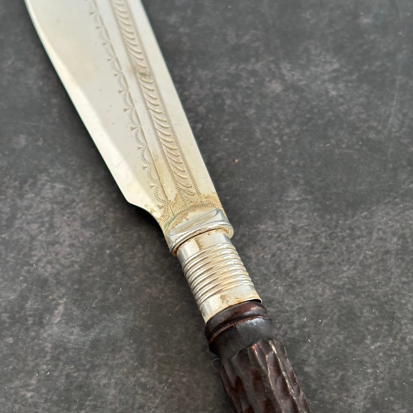 Antique Silver Butter Knife With Engraved Blade and Antler Handle