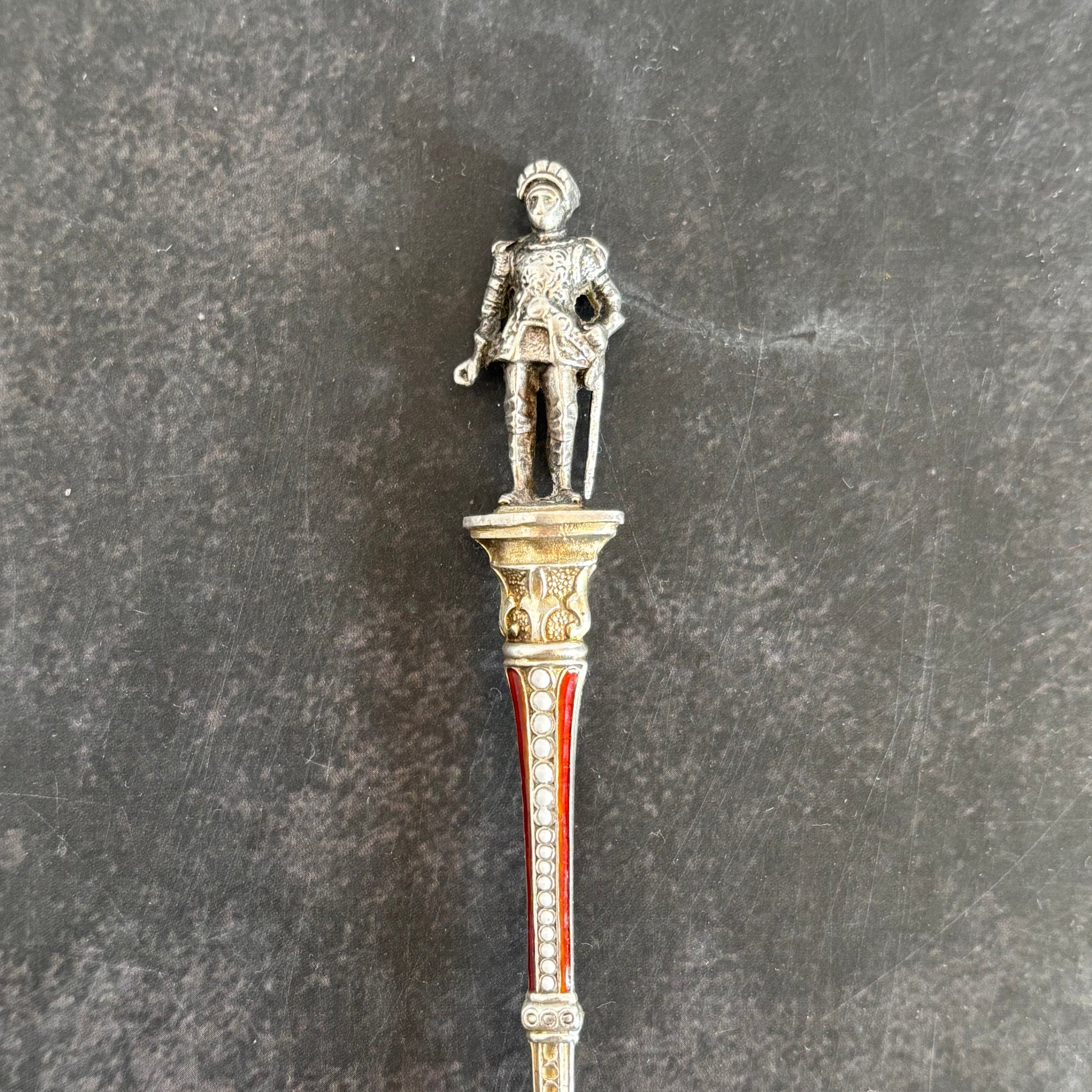 Antique Silver and Enamel Coffee Spoon with Knight in Armour