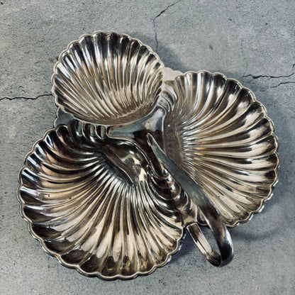Silver shell-shaped dish on a gray concrete surface