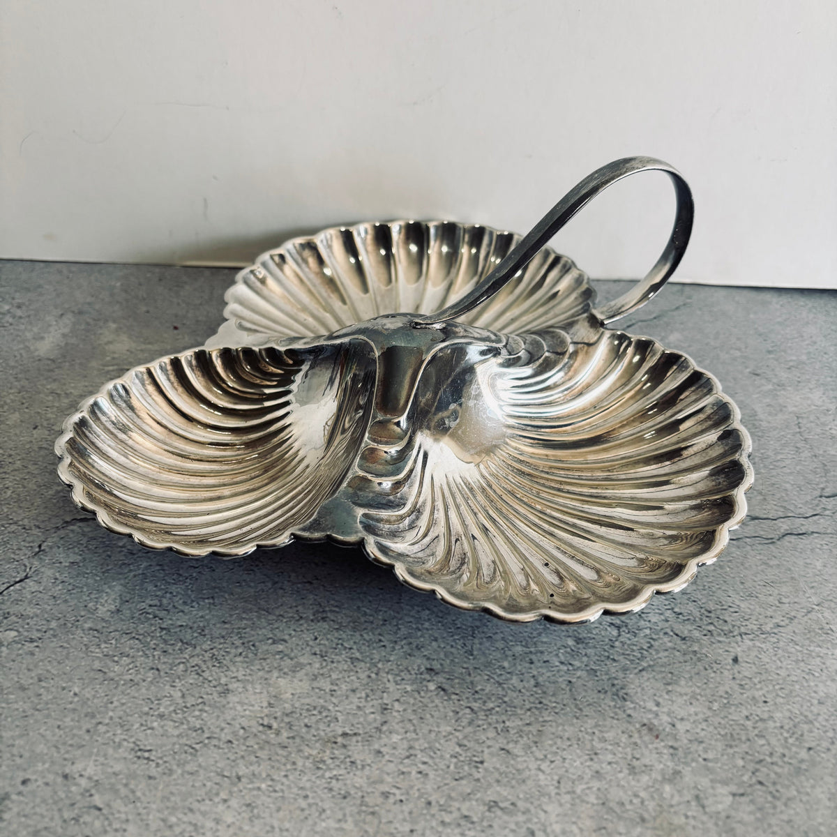 Silver shell-shaped dish on a gray surface with a white background