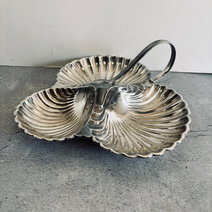 Silver shell-shaped dish on a gray surface with a white background