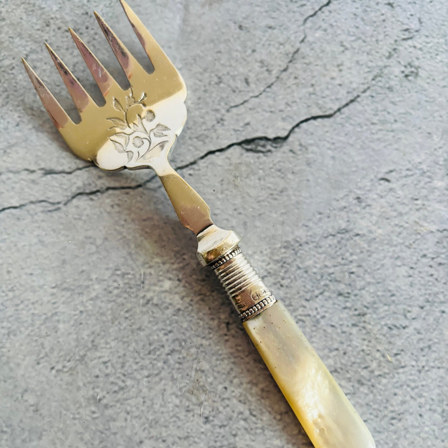Antique Silver Sardine Fork With Mother Of Pearl Handle