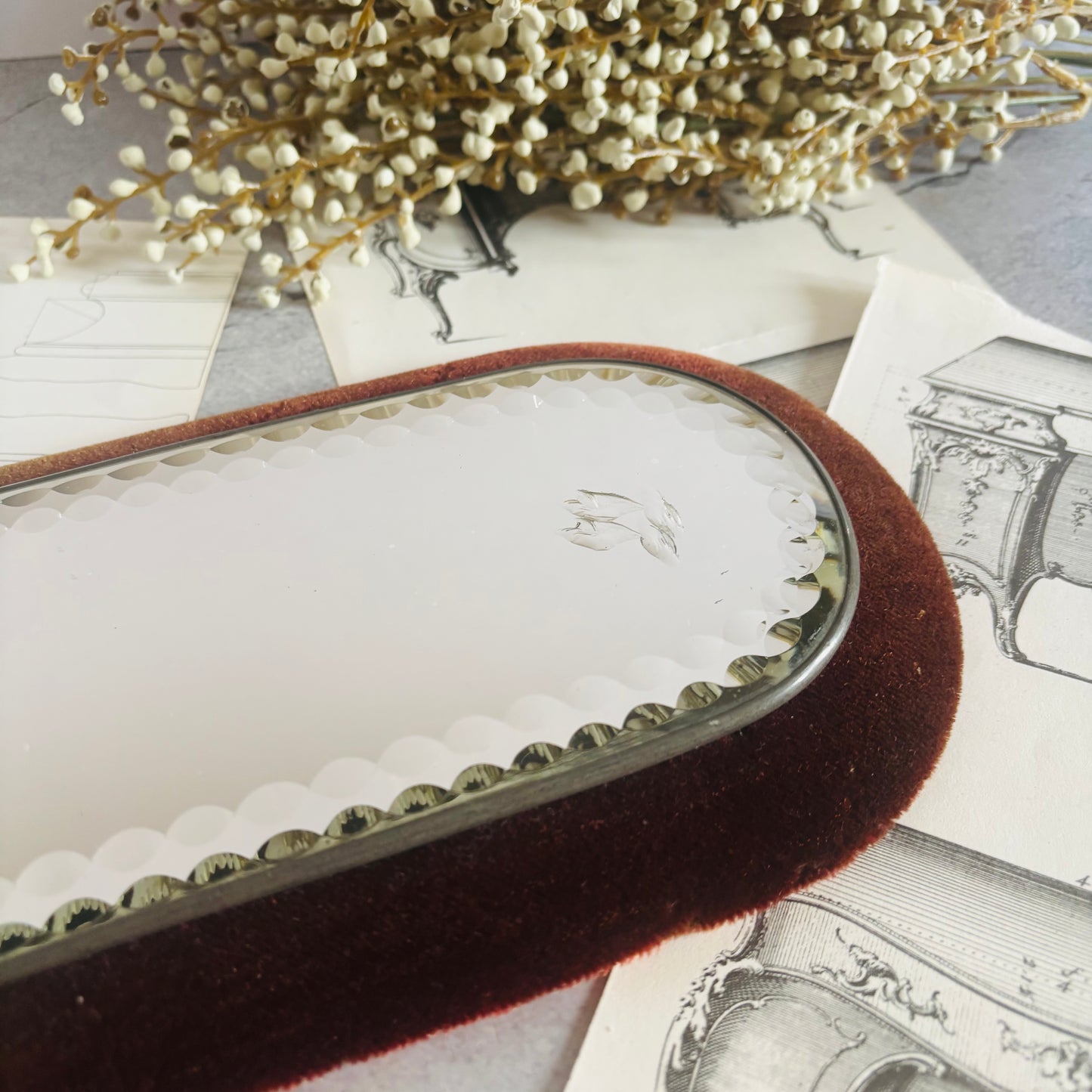 Victorian Sorcerers Mirror Velvet Trimmed | Display Mirror Plateau