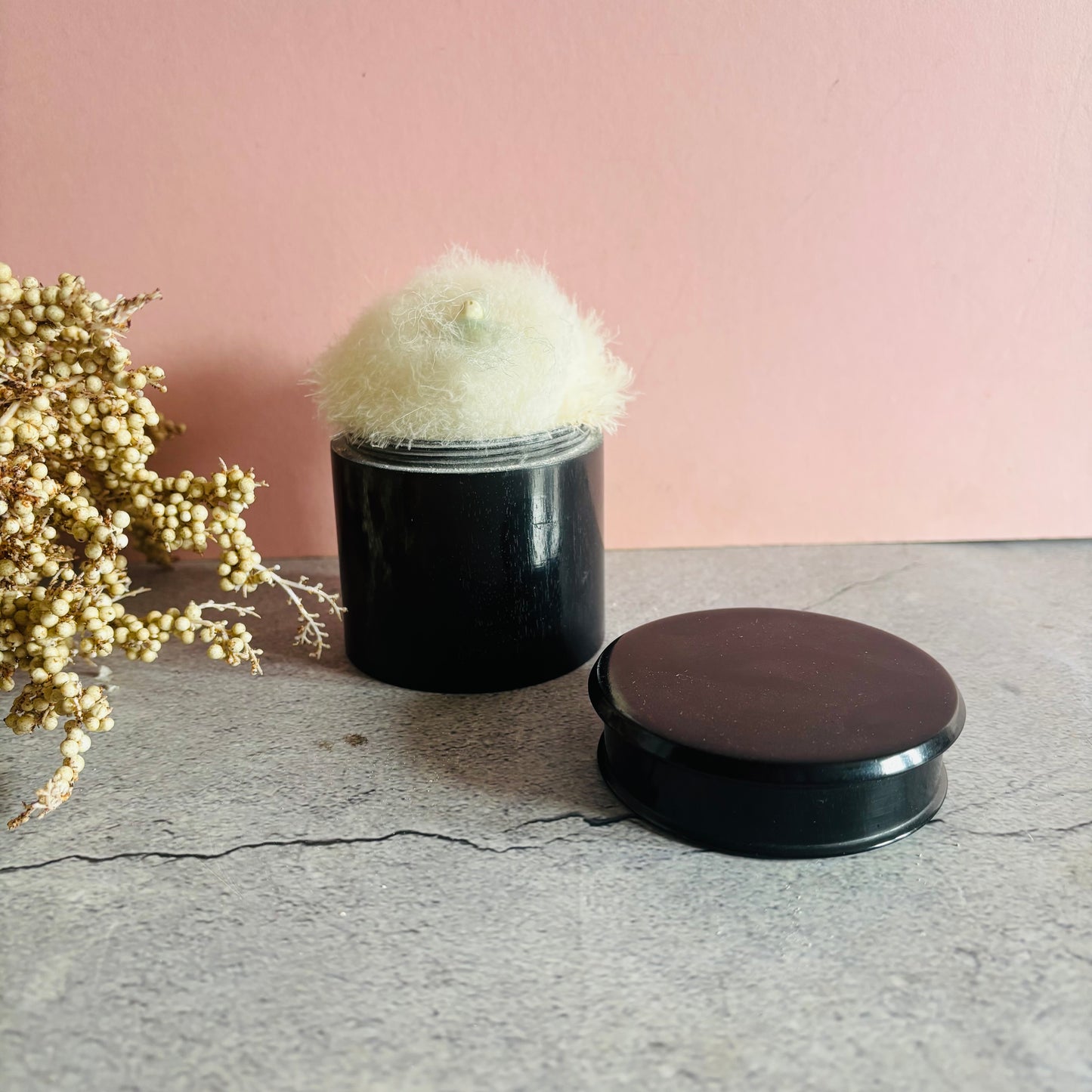 Antique Ebony Wig Powder Pot With Swan Down Puffer