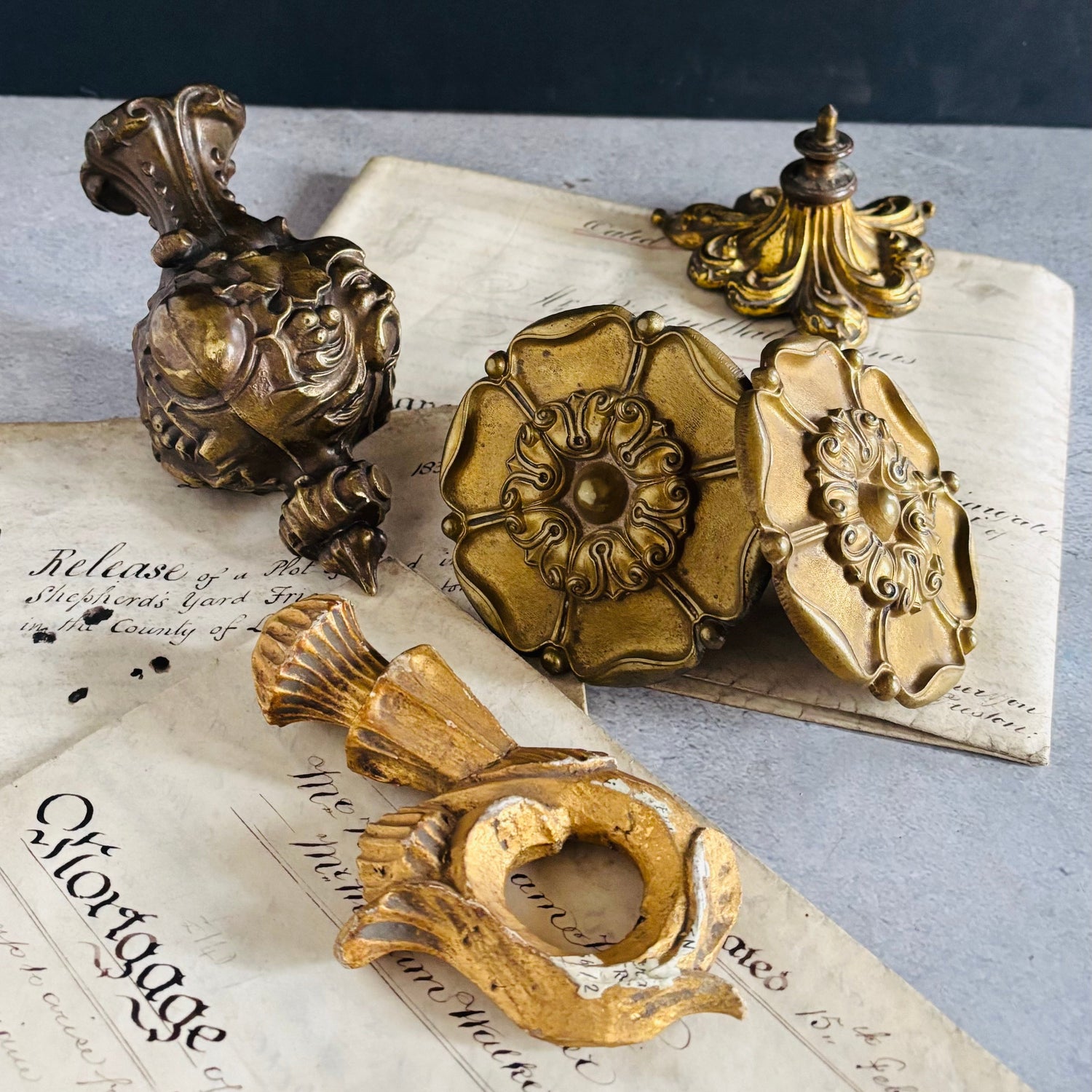 Decorative Brass Rosette Backplate Architectural Salvage components on vintage paper