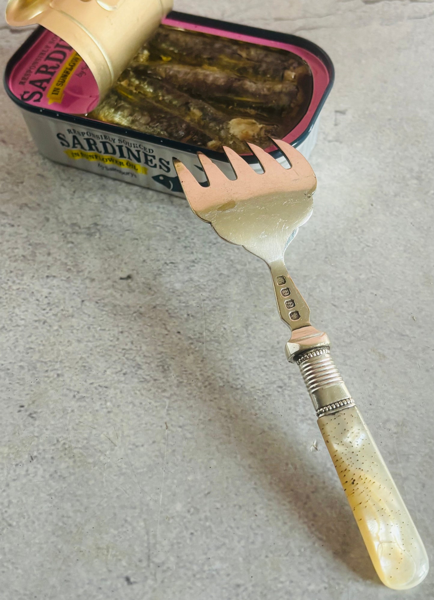 Antique Silver Sardine Fork With Mother Of Pearl Handle