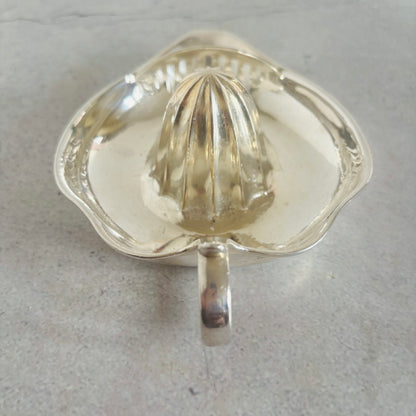 Clear metal citrus juicer on a gray background