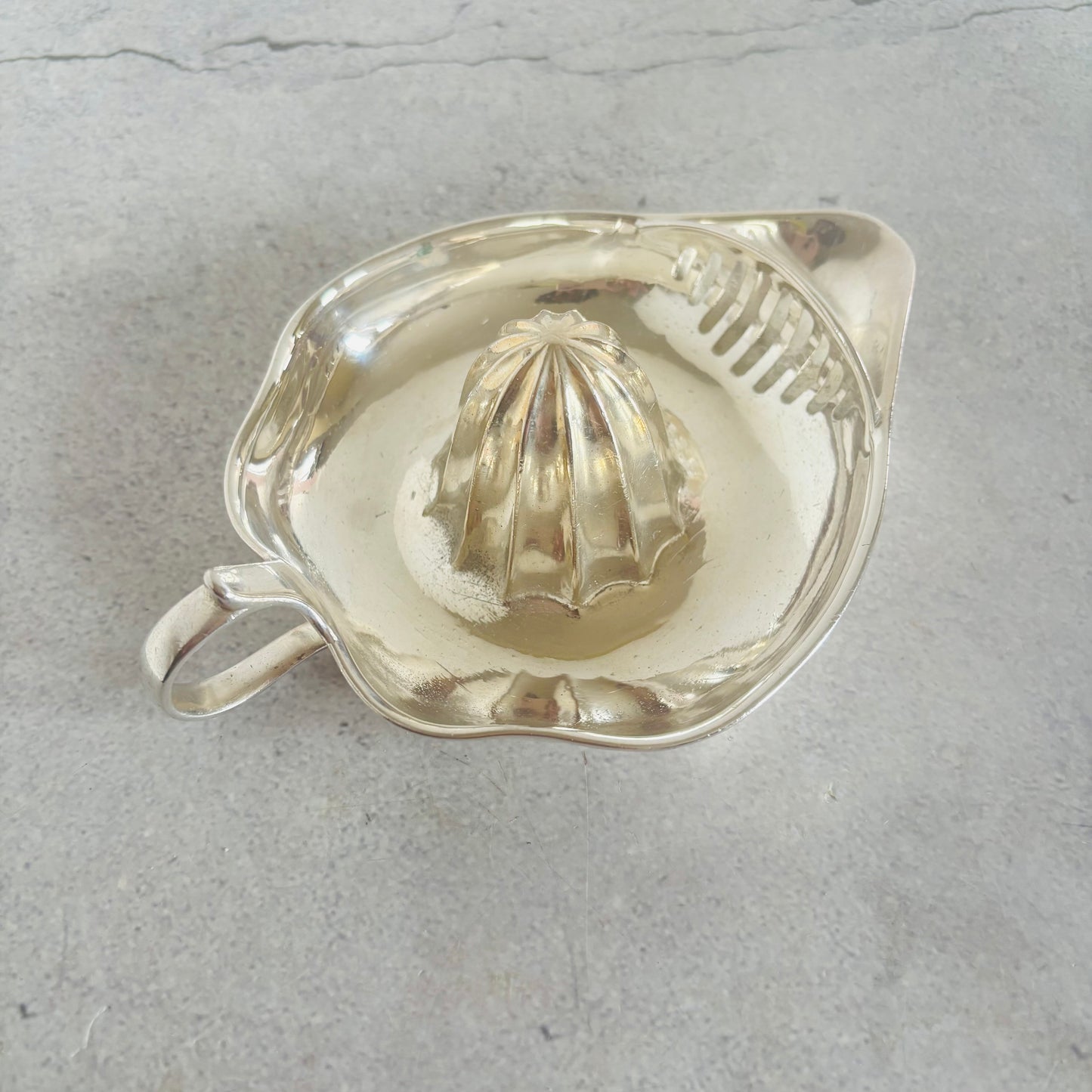 Silver shell-shaped juicer on a gray surface