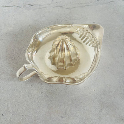 Silver shell-shaped juicer on a gray surface