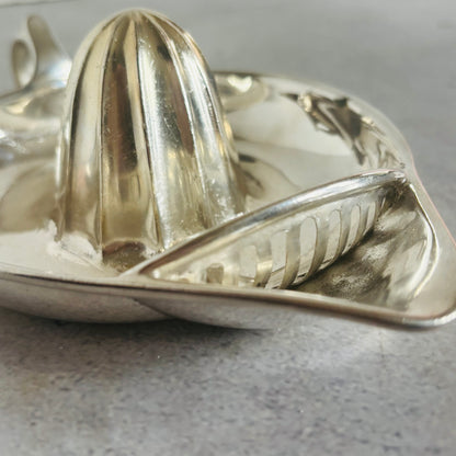 Metallic juicer on a gray surface