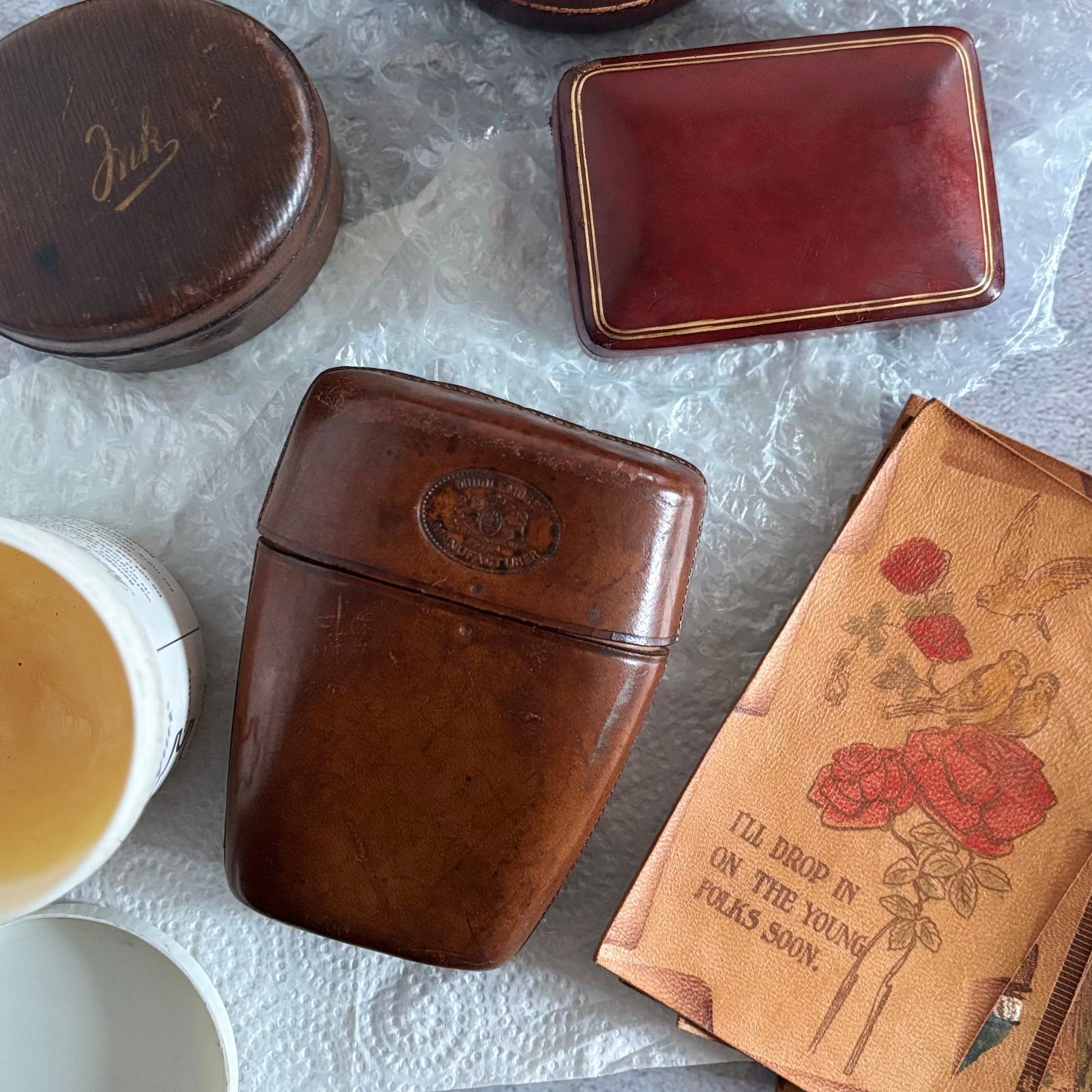 Antique Leather Travel Cup Holder and Glass Cup