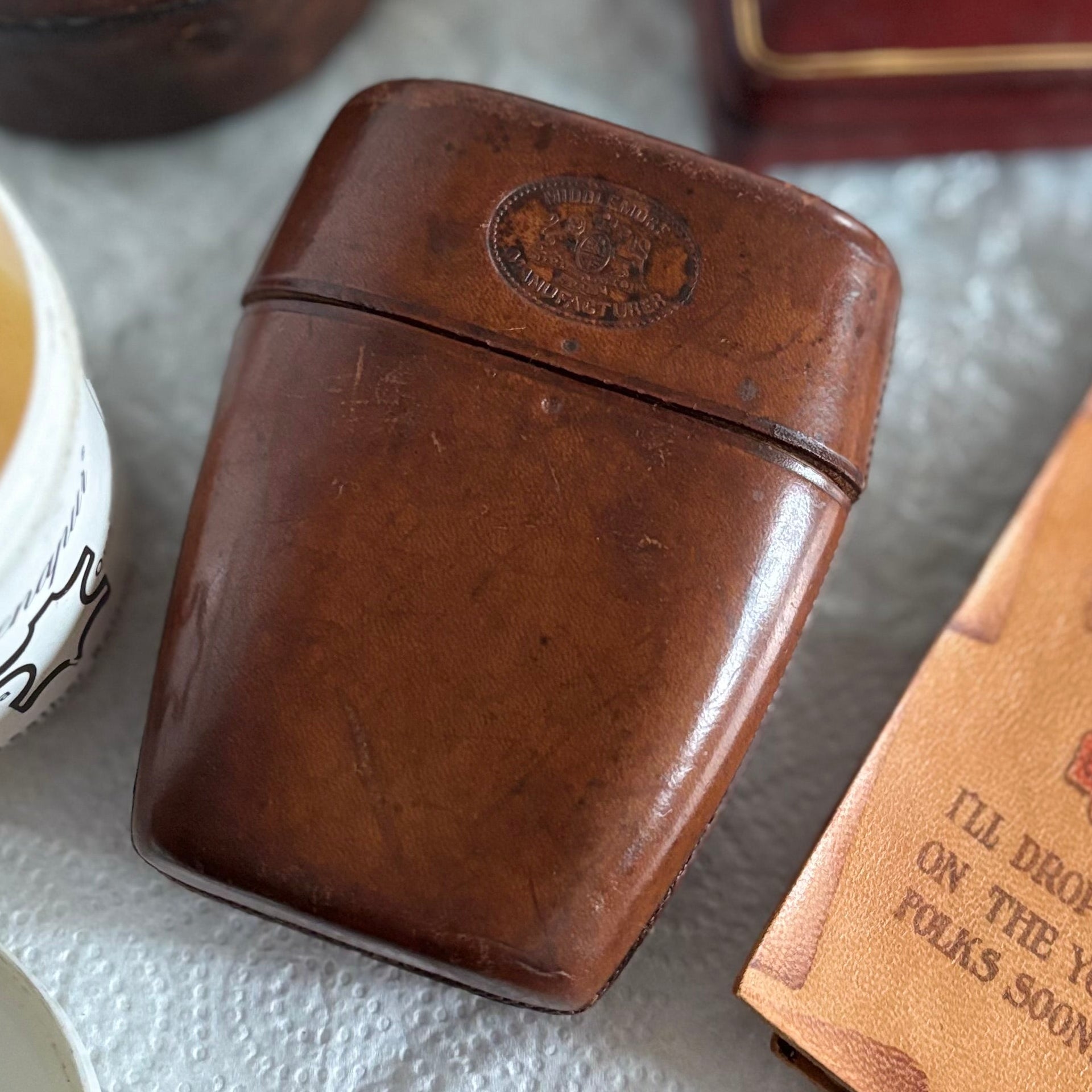 Antique Leather Travel Cup Holder and Glass Cup