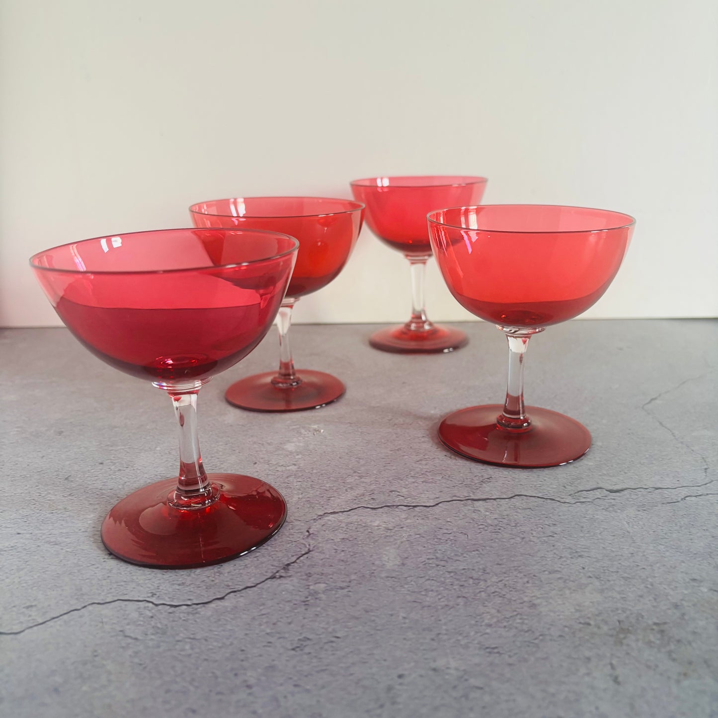 Vintage Pair Cranberry Champagne Coupe Glasses