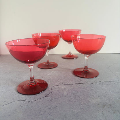 Vintage Pair Cranberry Champagne Coupe Glasses