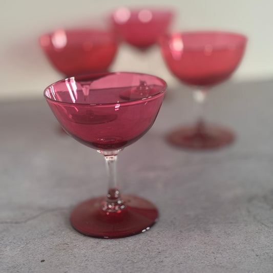 Vintage Pair Cranberry Champagne Coupe Glasses
