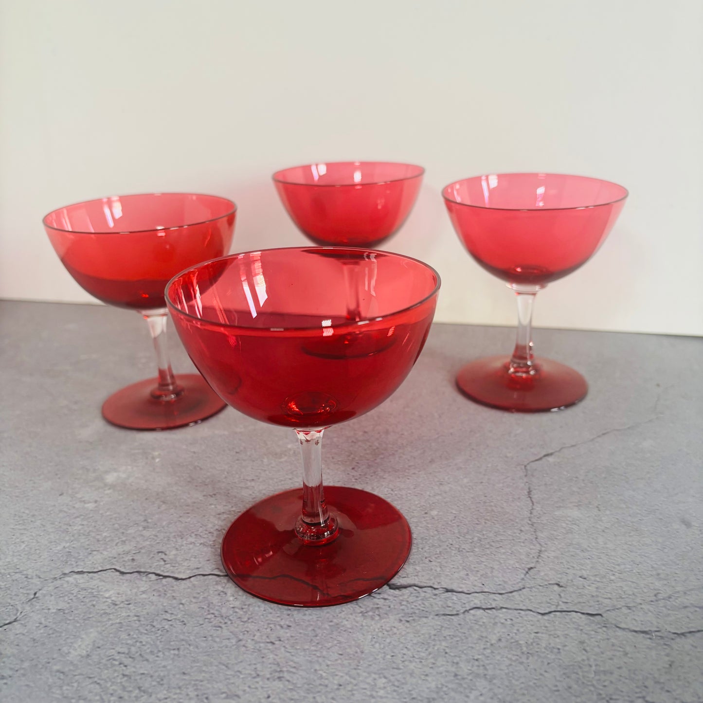 Vintage Pair Cranberry Champagne Coupe Glasses