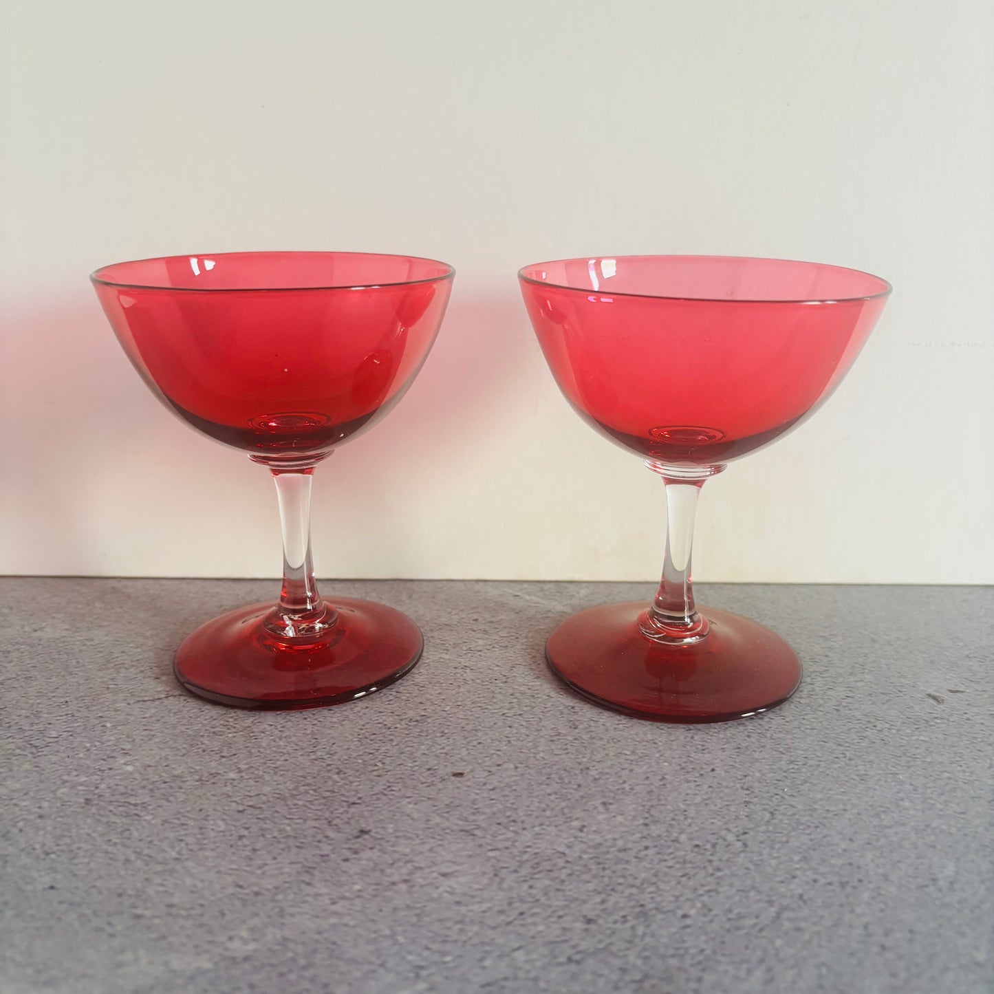 Vintage Pair Cranberry Champagne Coupe Glasses