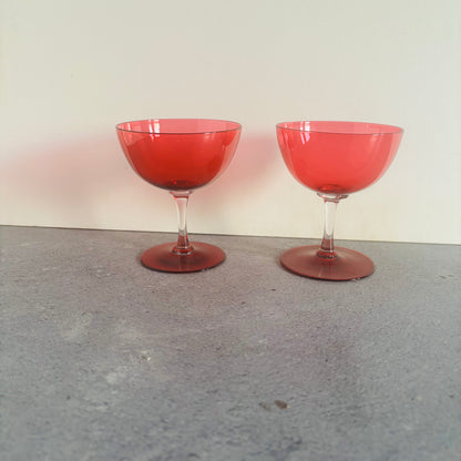 Vintage Pair Cranberry Champagne Coupe Glasses