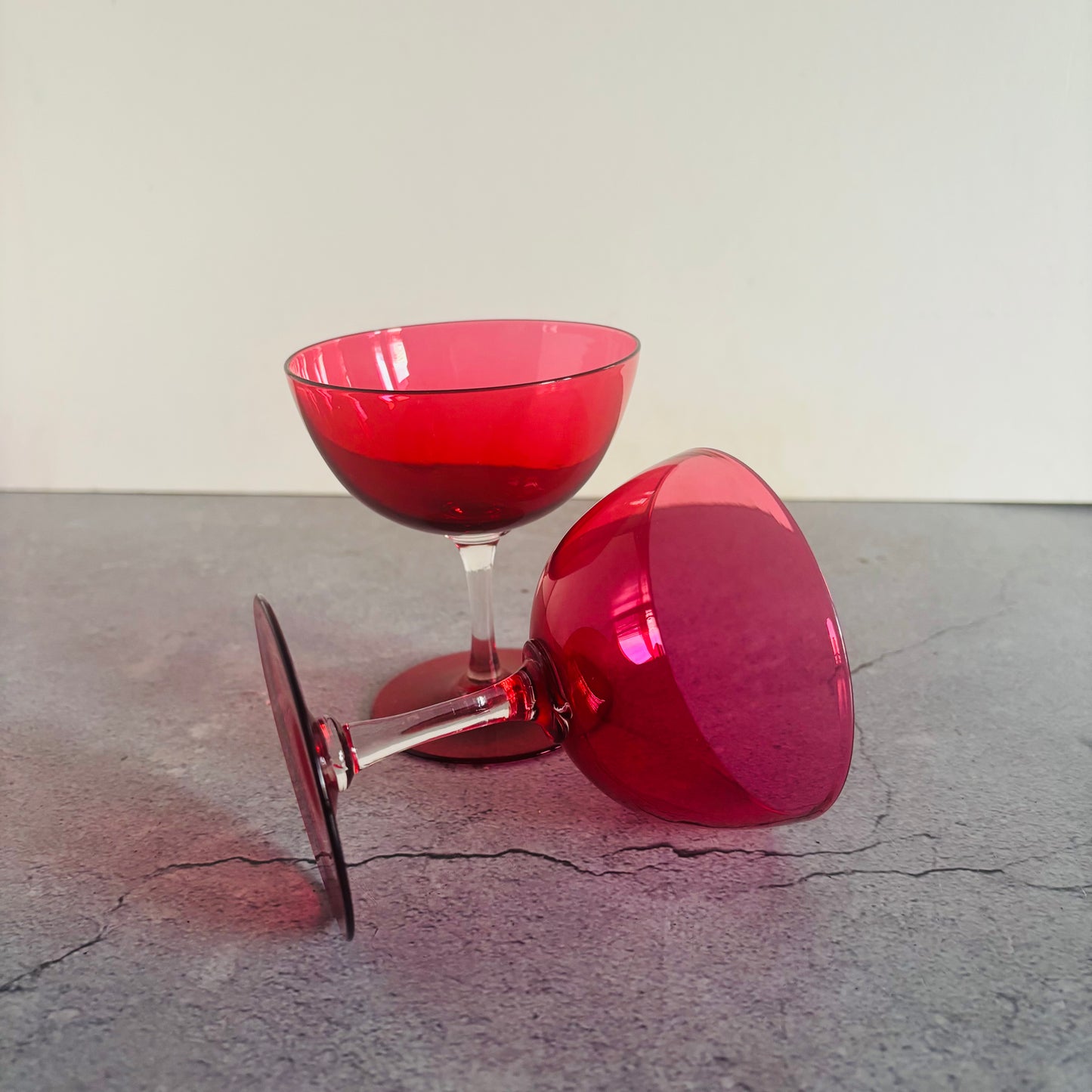 Vintage Pair Cranberry Champagne Coupe Glasses