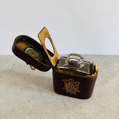 Antique Leather Bound Travel Inkwell 