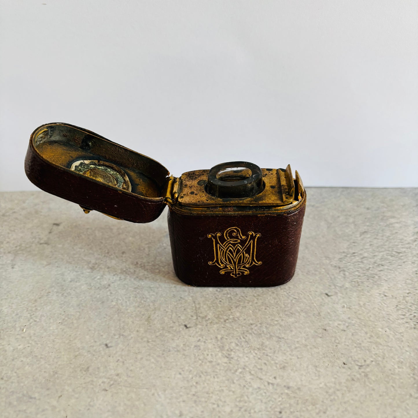 Antique Leather Bound Travel Inkwell 