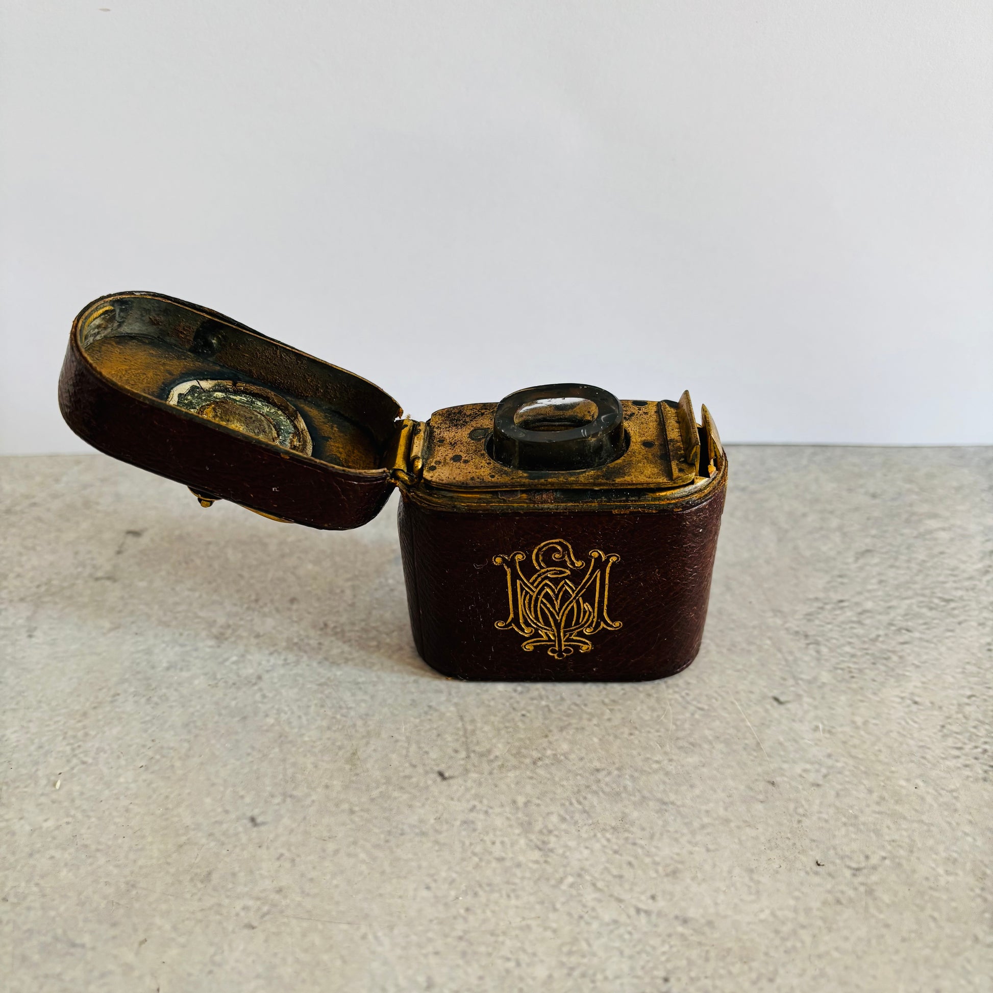 Antique Leather Bound Travel Inkwell 