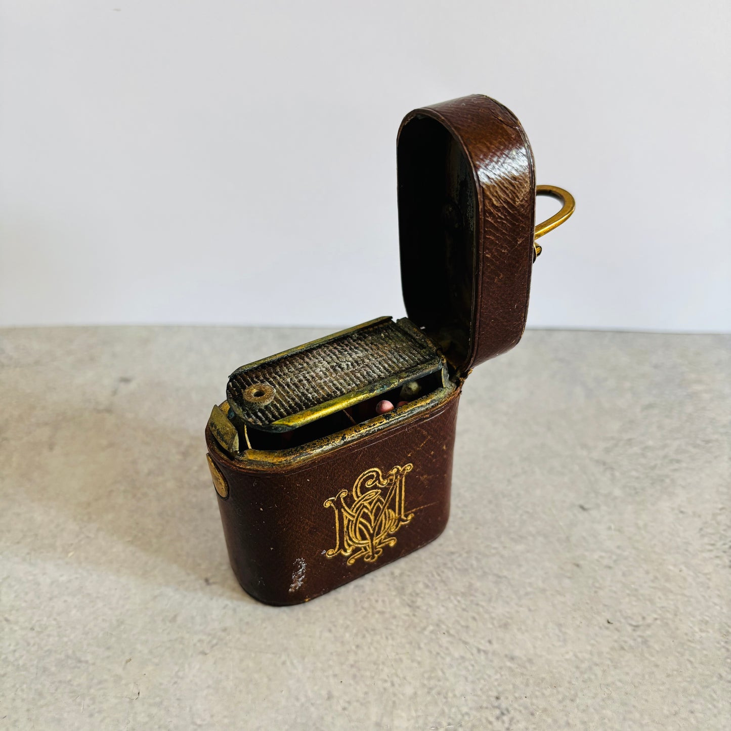 Antique Leather Bound Travel Vesta Match Striker 