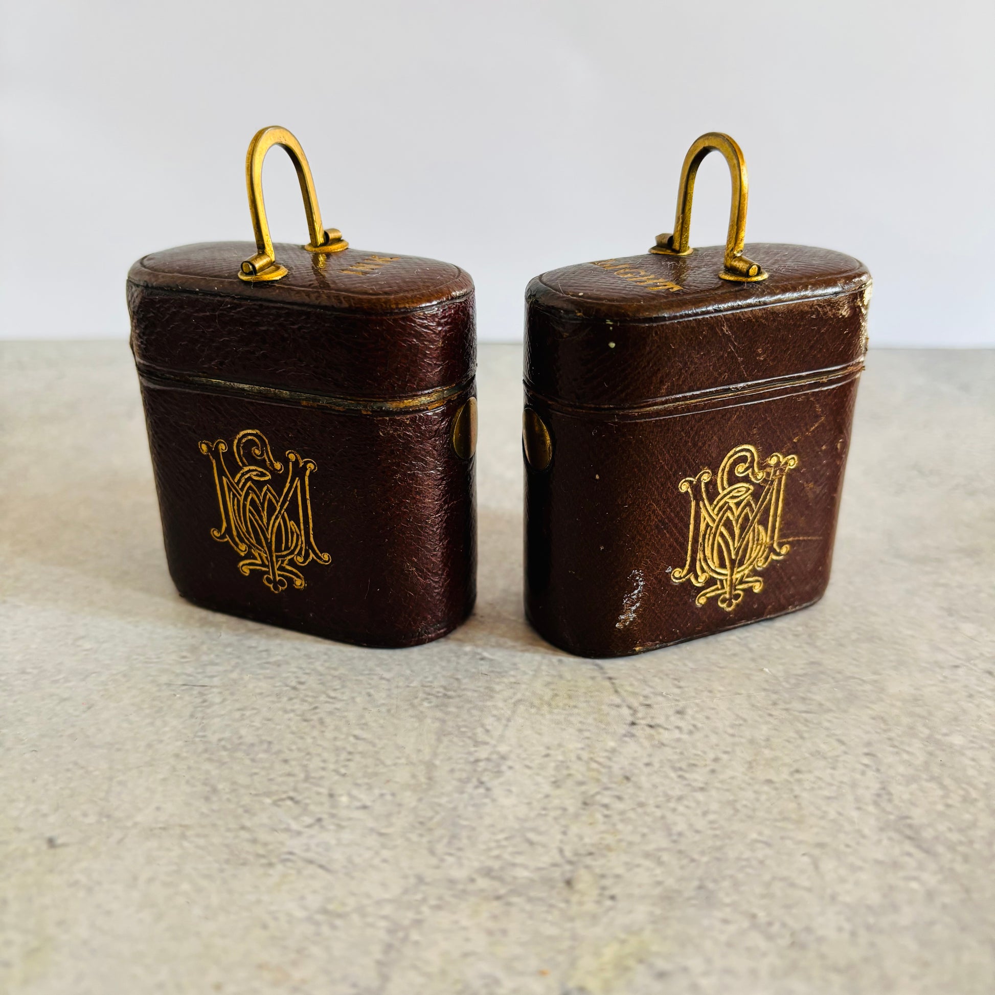 Antique Leather Bound Travel Inkwell & Vesta Match Striker