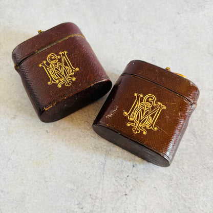 Antique Leather Bound Travel Inkwell & Vesta Match Striker 