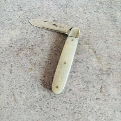 Antique Silver and Mother of Pearl Small Folding Fruit Knife 1910