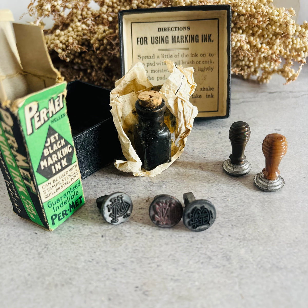 Vintage Printing Stamps & Ink Set 