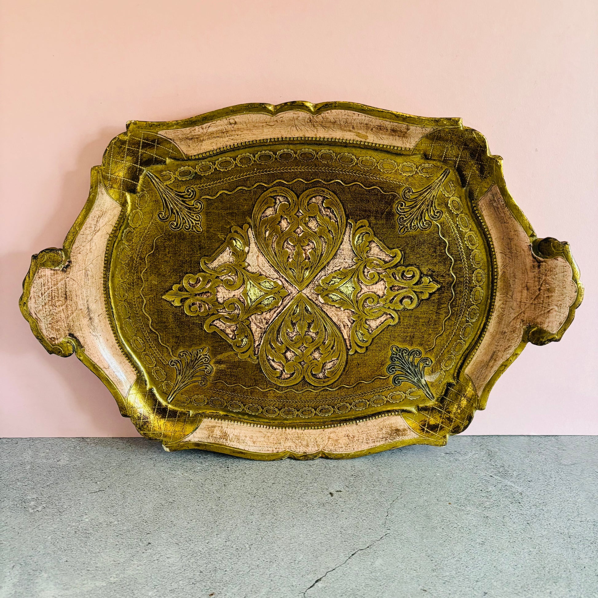 Decorative Vintage Pink & Gold Florentine Paper Mache Tray on a pink and grey background