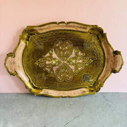 Decorative Vintage Pink & Gold Florentine Paper Mache Tray on a pink and grey background