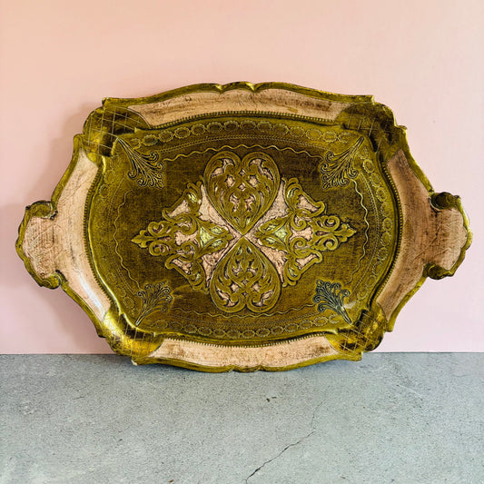 Decorative Vintage Pink & Gold Florentine Paper Mache Tray on a pink and grey background
