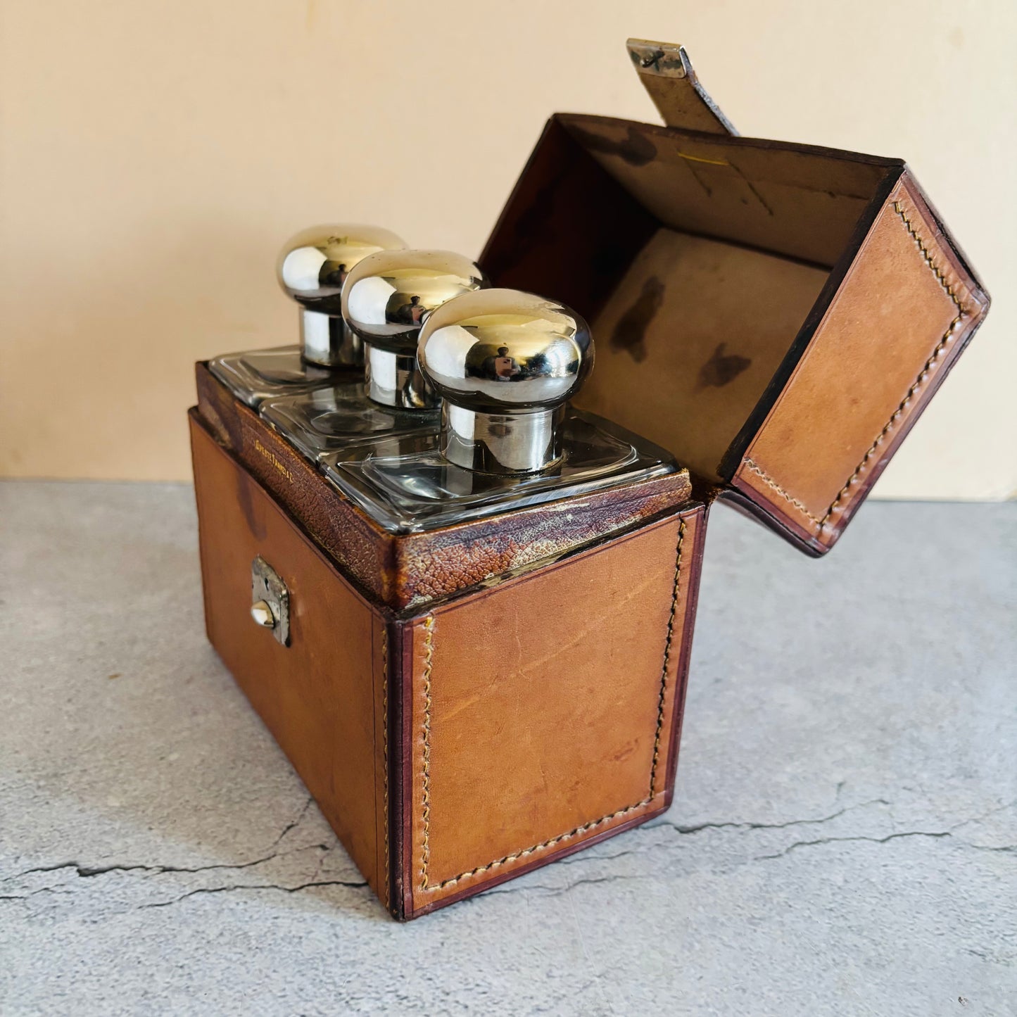 Antique Travel Set of Italian Glass Scent Bottles in a Leather Case
