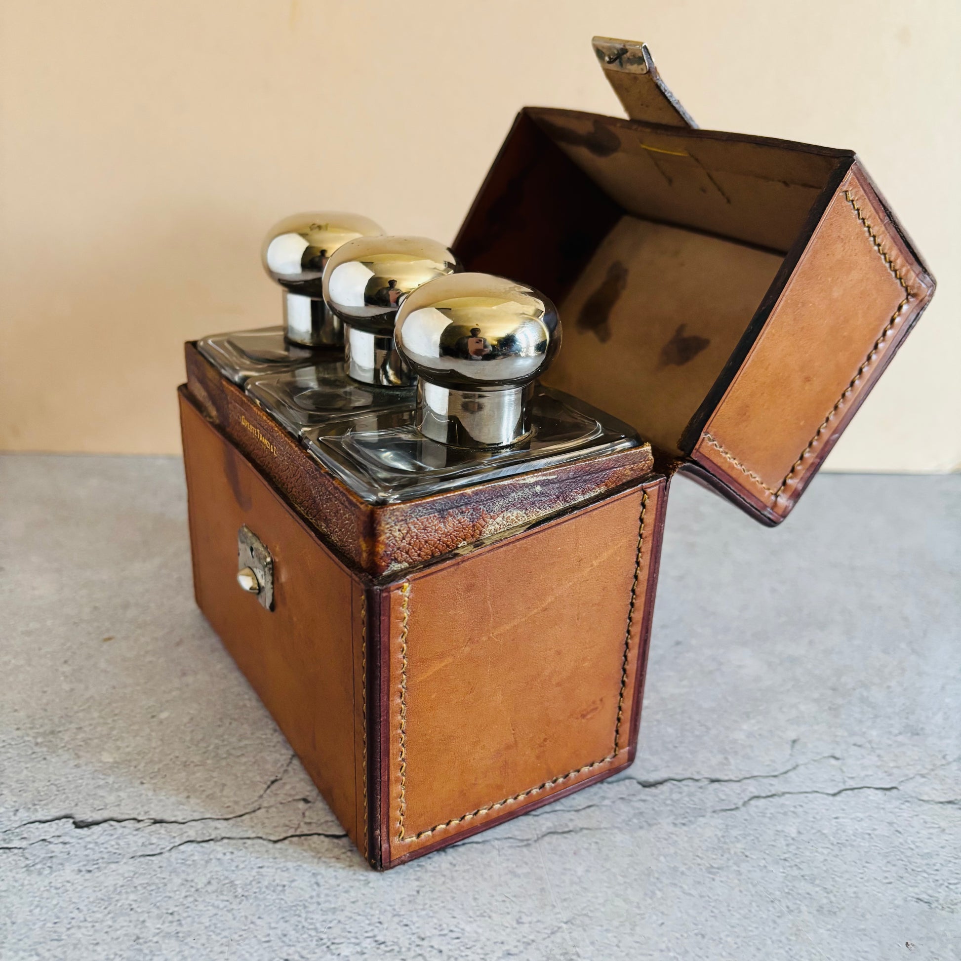 Antique Travel Set of Italian Glass Scent Bottles in a Leather Case