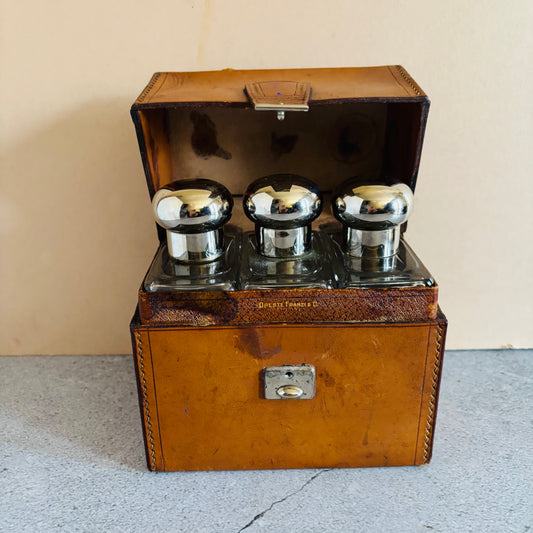 Antique Travel Set of Italian Glass Scent Bottles in a Leather Case