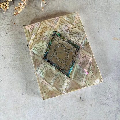 Rare Antique Mother Of Pearl And Sterling Silver Calling Card Case  photographed from above on a light gray textured surface.