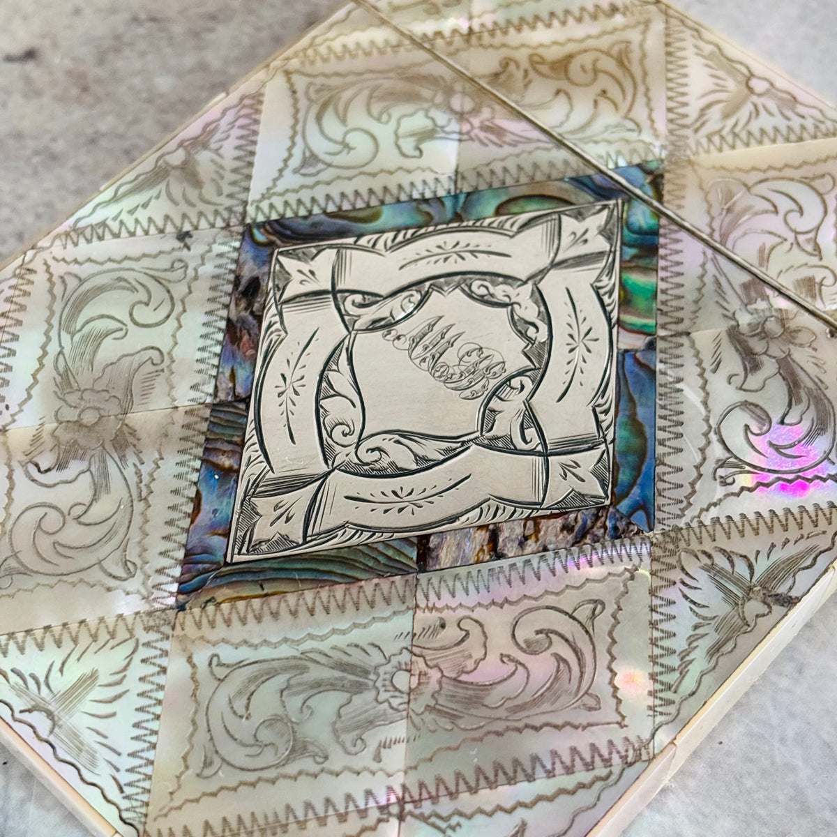 Rare Antique Mother Of Pearl And Sterling Silver Calling Card Case 