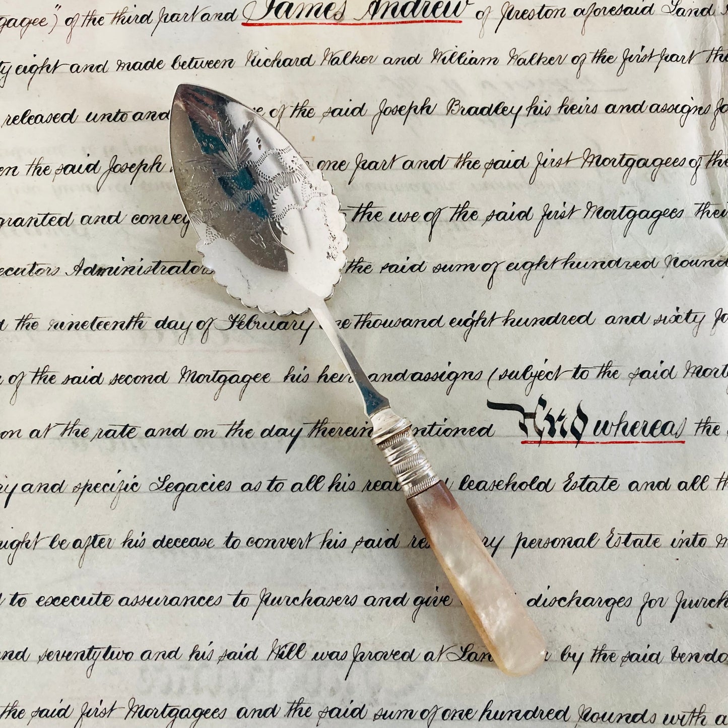 Antique Silver Spoon with Mother Of Pearl Handle