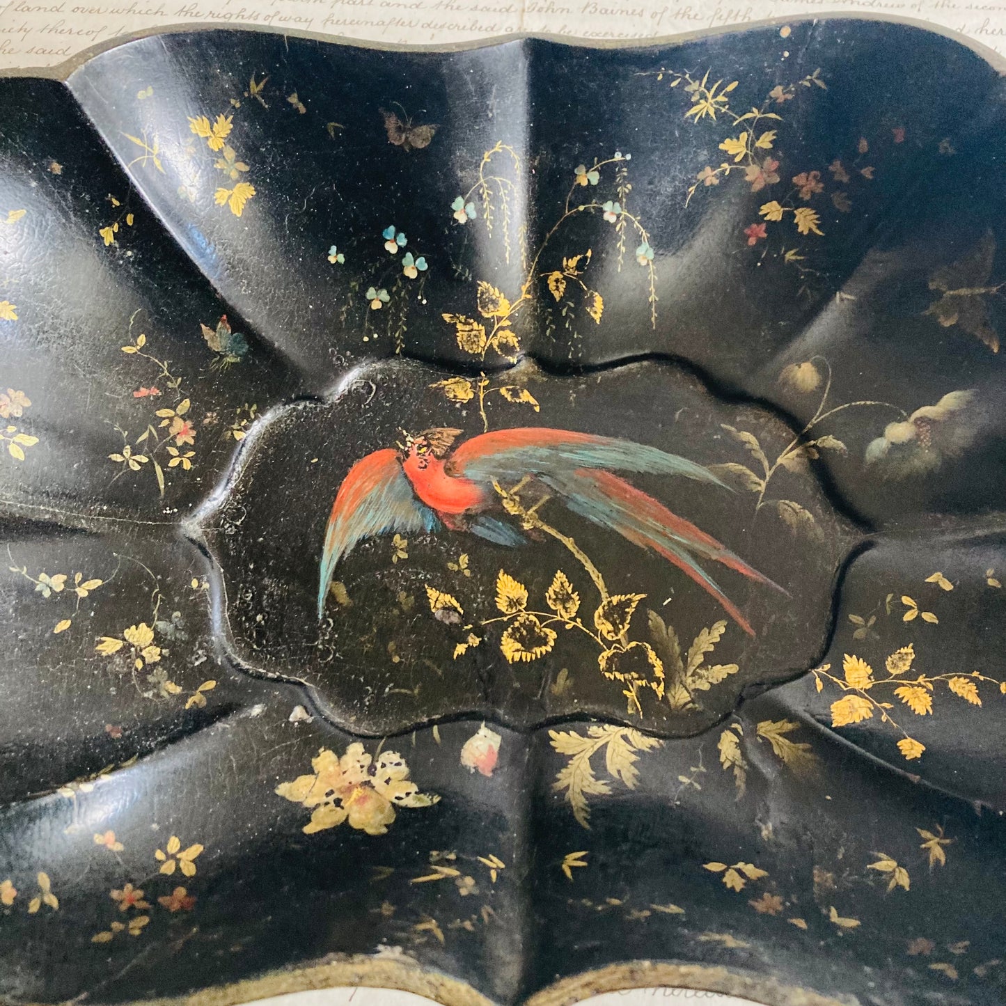 Antique Paper Mache Black Lacquer Scalloped Dish Hand Painted Bird