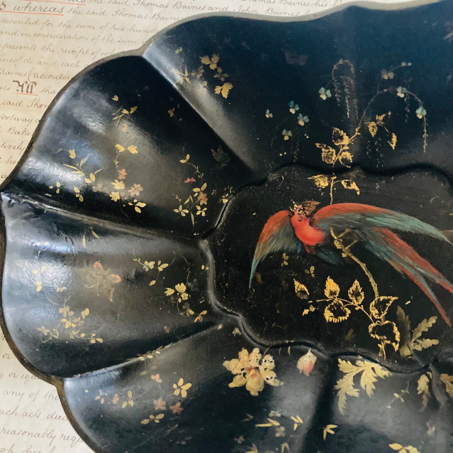 Antique Paper Mache Black Lacquer Scalloped Dish Hand Painted Bird