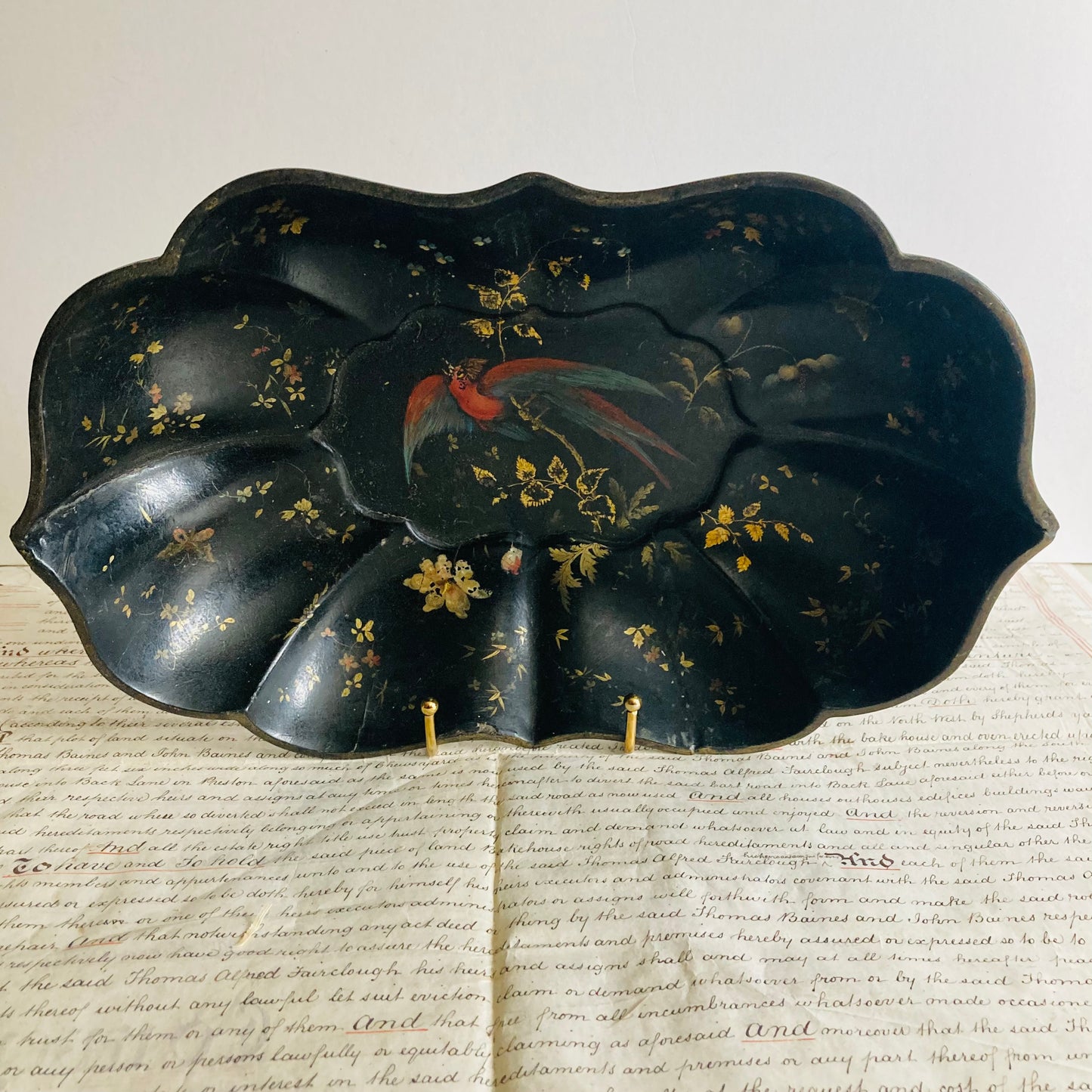 Antique Paper Mache Black Lacquer Scalloped Dish Hand Painted Bird