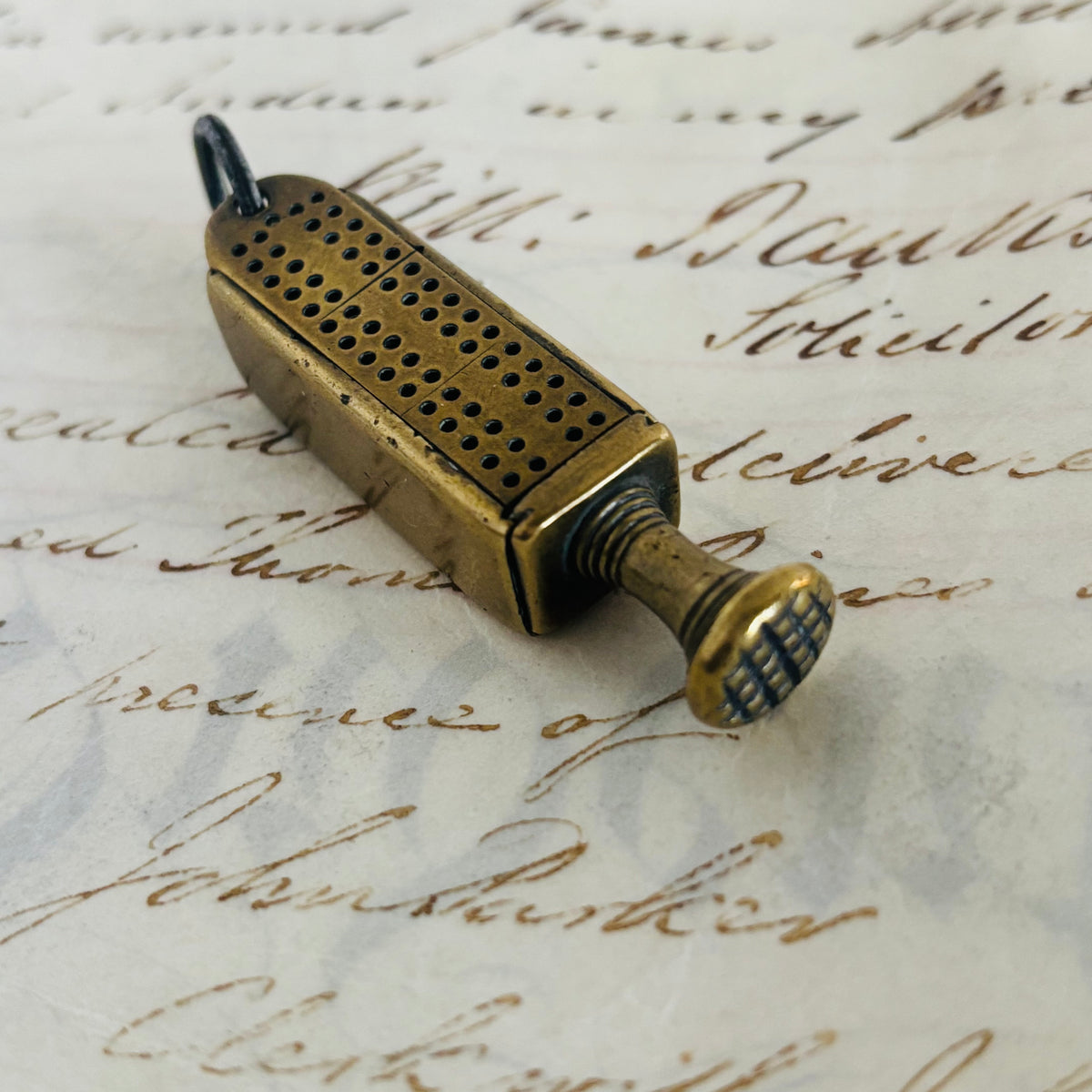 The Mixologist Tilly - Antique Brass Novelty Cribbage Board & Tamper