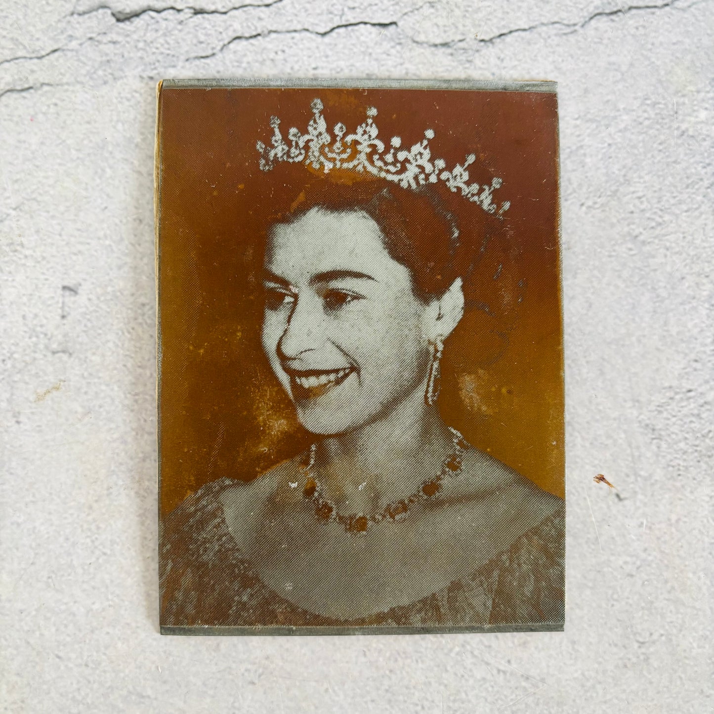 Vintage printing plate of an Early Portrait of Queen Elizabeth II